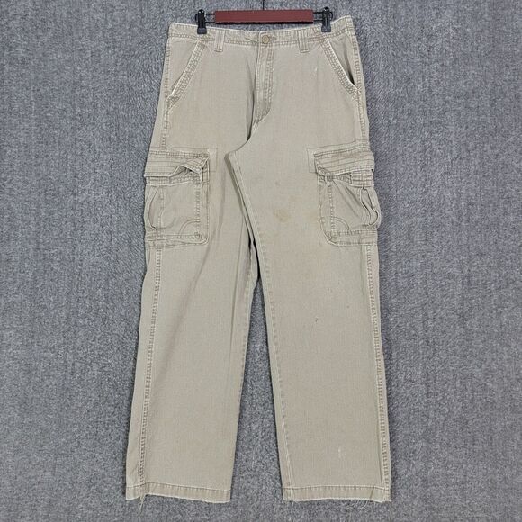 Wrangler Pants Mens 33x30* Tan Khaki Cargo Distressed Thrashed Workwear - Picture 1 of 15